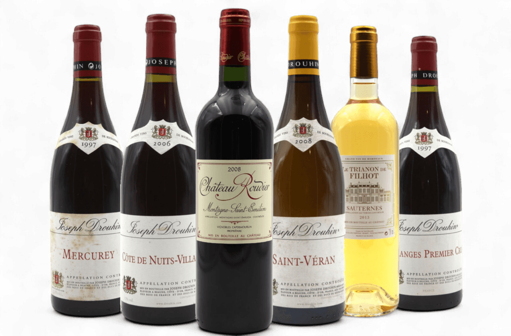 Bouteilles de grands crus de Bordeaux et de Bourgogne