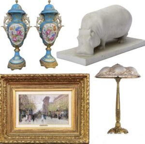 Ensemble d'objets d'art: vase asiatique, tableau et sculpture